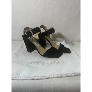 Jimmy Choo Maysa 85 Suede Black Crystal Heels Open Toe Size 39.5 Excellent